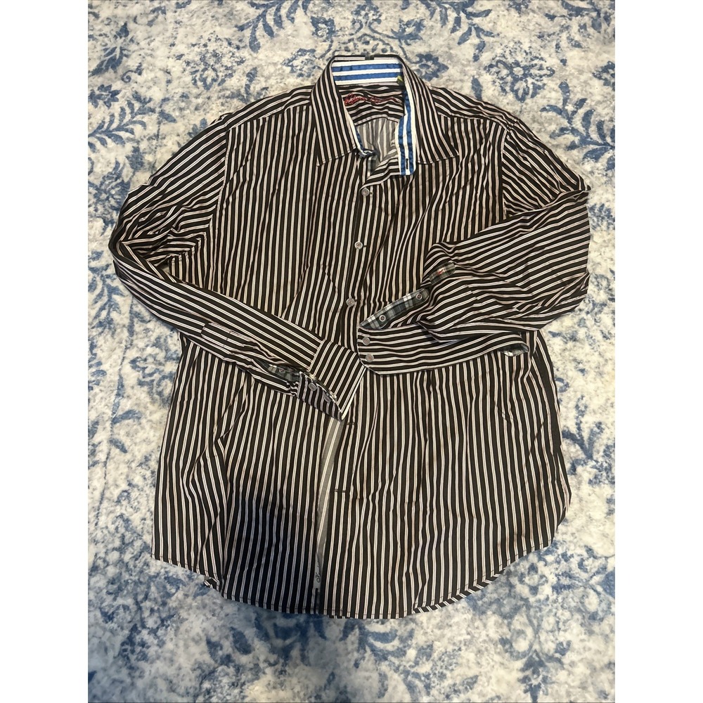 Robert Graham Black Button Down Shirt 2XL Designer Mens Cotton Stripe Flip Cuff